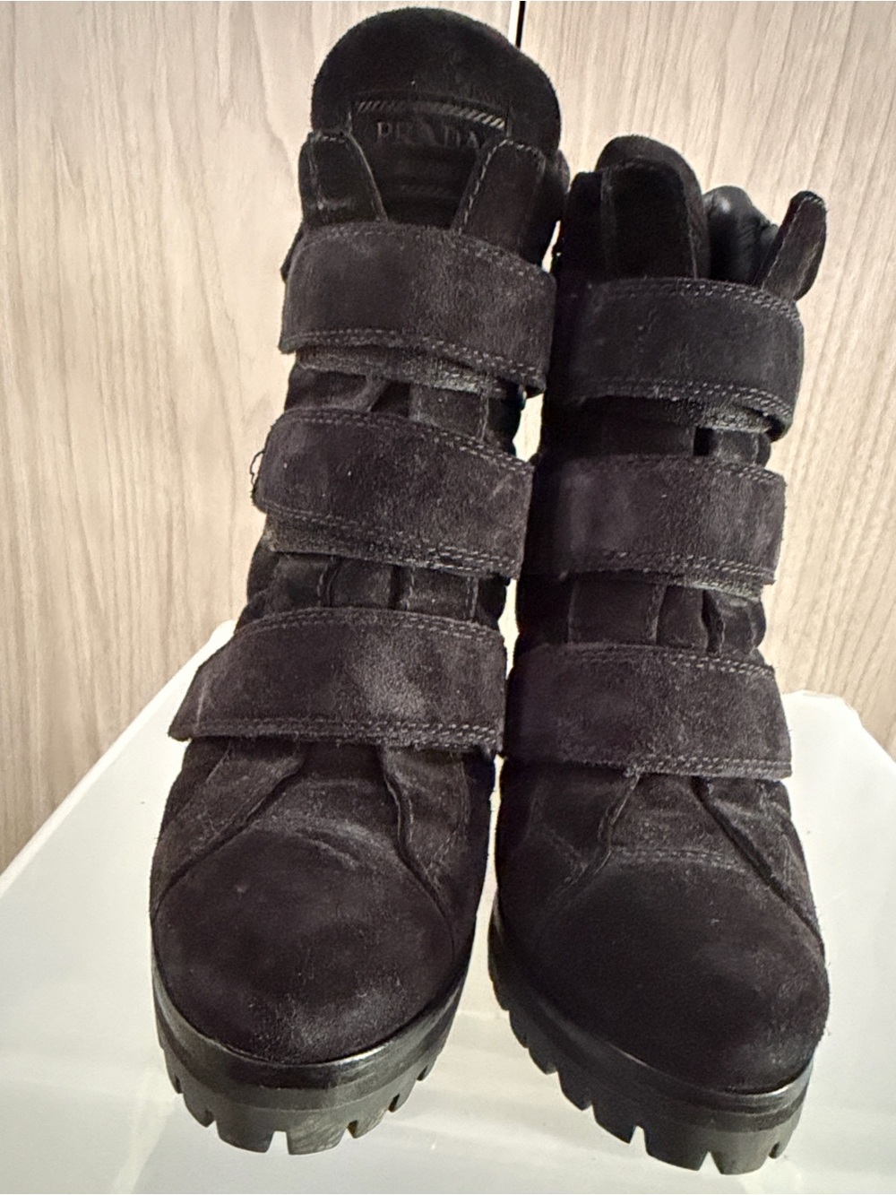 Prada Black Suede Triple-Strap Combat Ankle Boots - Women's - Picture 5 of 8